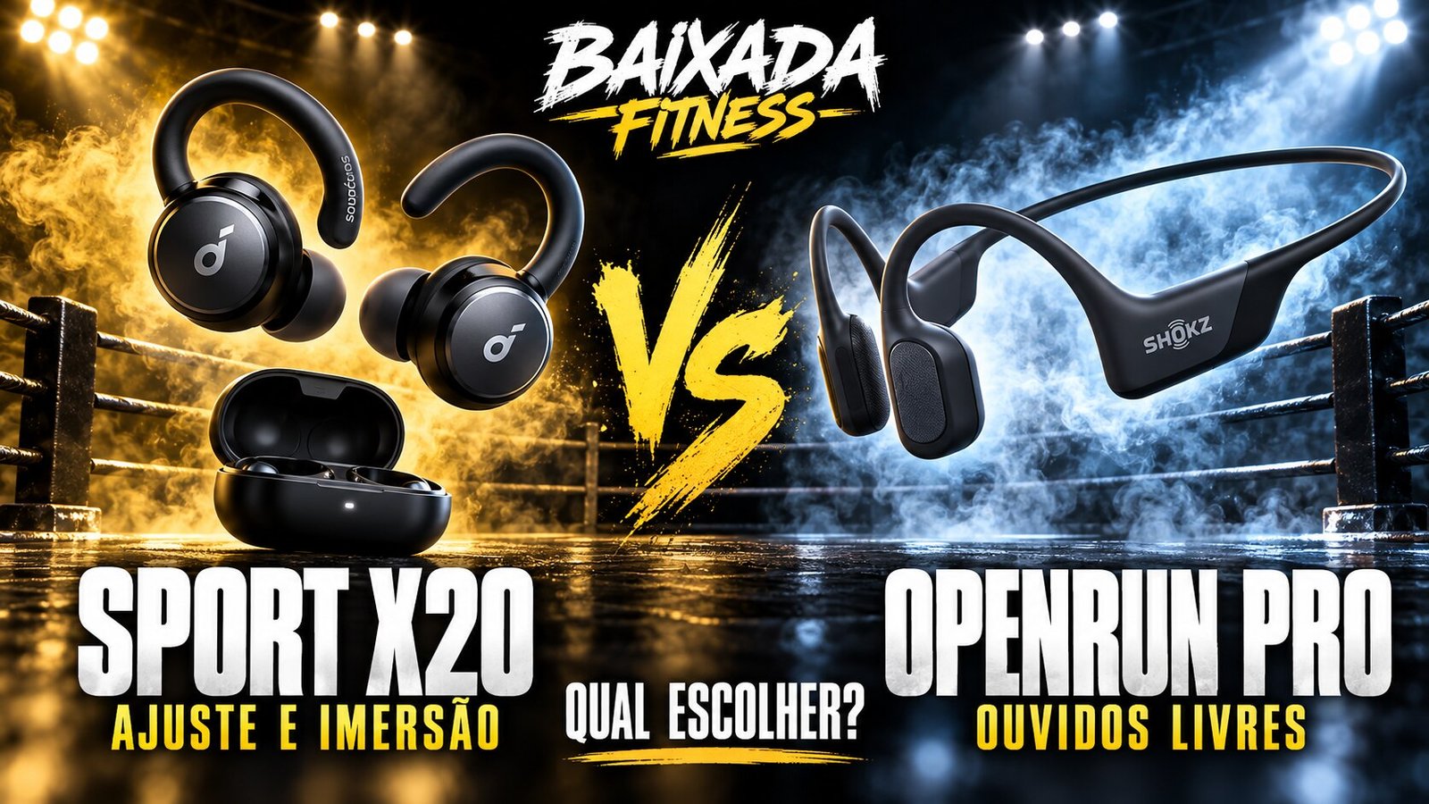 Soundcore Sport X20 versus Shokz OpenRun Pro em composição de batalha 3D float