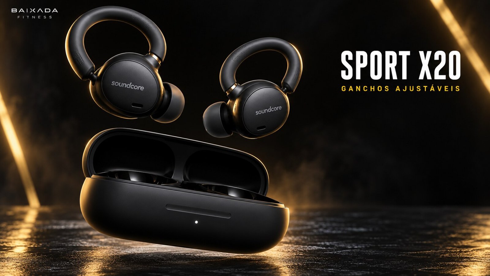 Ilustração de fones Soundcore Sport X20 com ganchos ajustáveis
