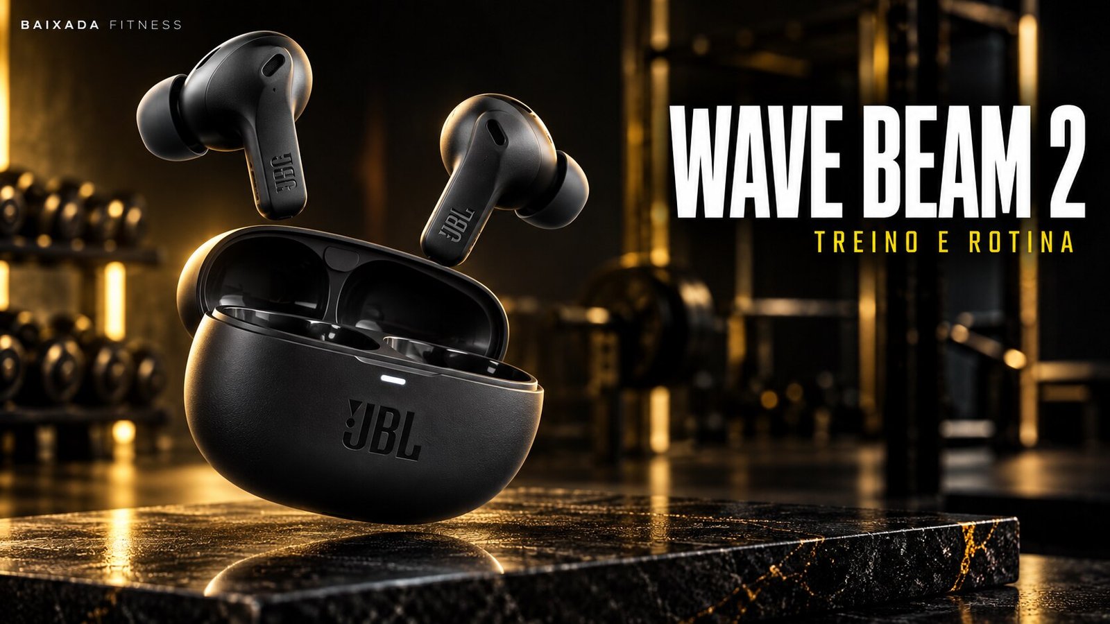 Ilustração do JBL Wave Beam 2 com fones e estojo flutuando