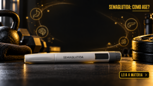 Semaglutida: como age? Capa ilustrativa com caneta, mulher e convite para ler a matéria