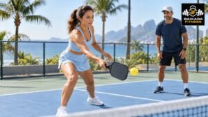 Cena ilustrativa de iniciante praticando pickleball com orientação em quadra externa