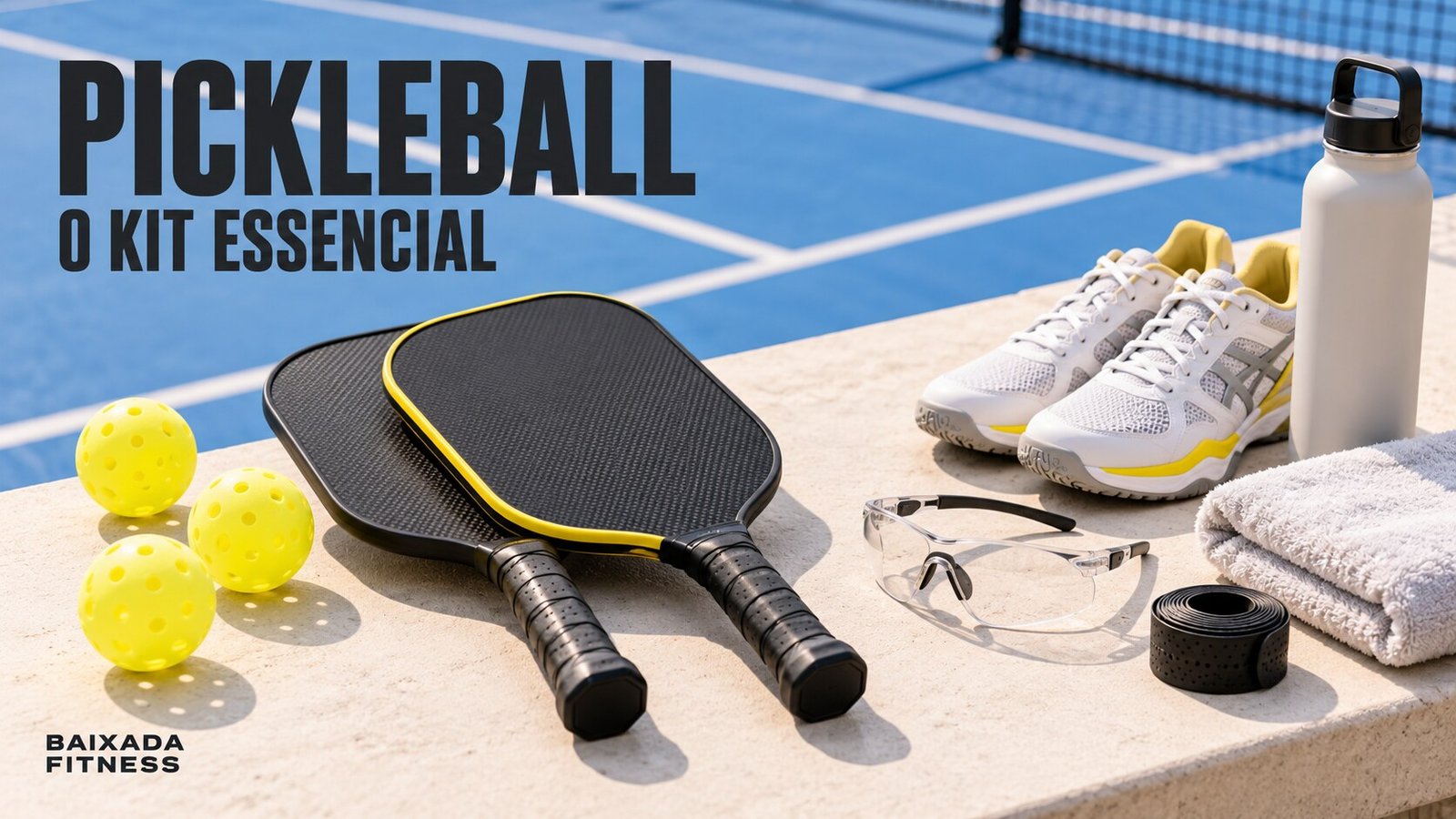 Kit ilustrativo de pickleball com raquetes, bolas, tênis e óculos esportivos