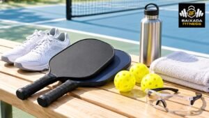 Kit ilustrativo com raquetes, bolas, tênis e proteção ocular para pickleball