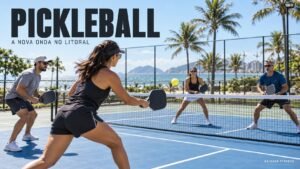 Cena ilustrativa de partida de pickleball em duplas em quadra ao ar livre
