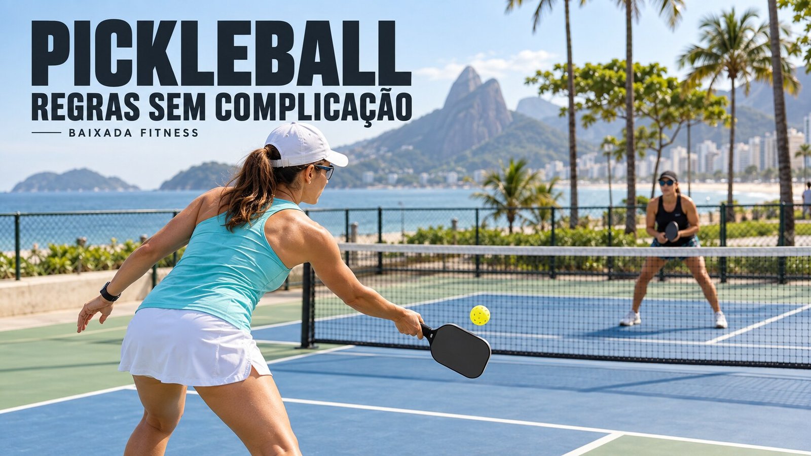 Cena ilustrativa de jogadora de pickleball preparando golpe em quadra externa